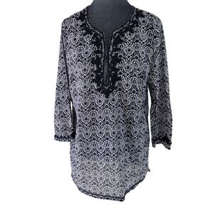 Saint Tropez West Wms XL Navy White Medallion Tunic Crochet Lace Top